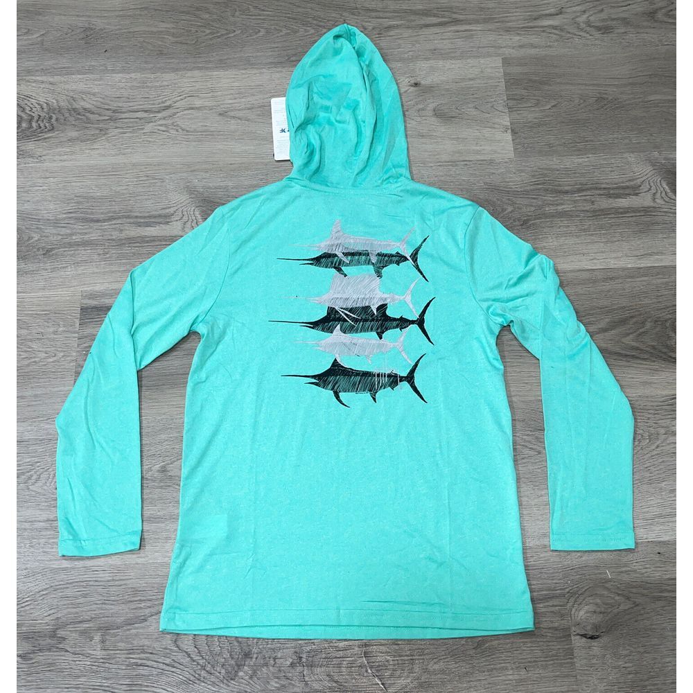Boys Size Large Guy Harvey Boat Lines Long Sleeve Performance Hoodie Green